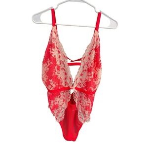 Victorias Secret Red Lacey Teddy Size L Sparkle Mesh Cut-Outs Fairy Coquette